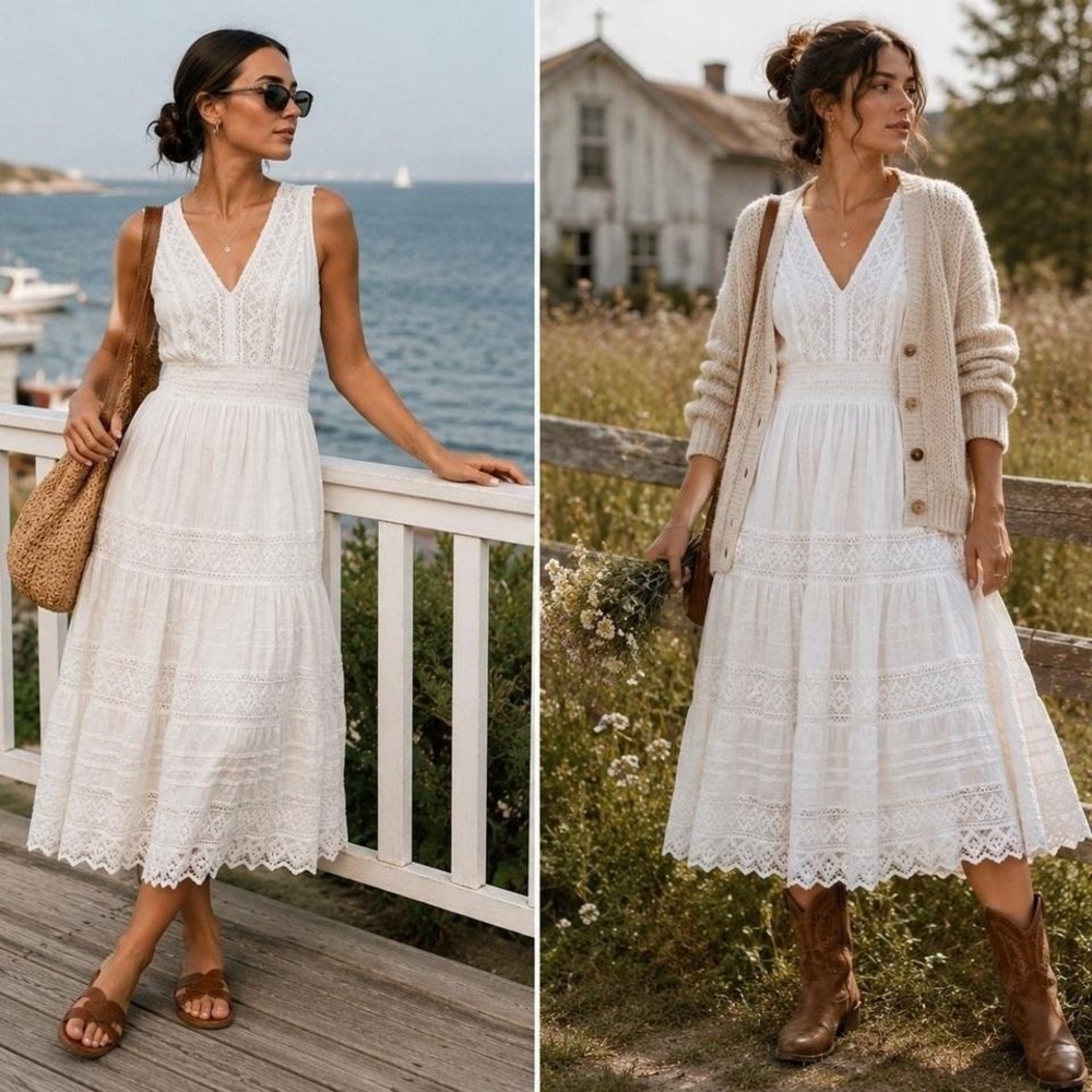 Dress Nado White Boho Lace Midi Dress Cottagecore Prairie Sz L Cotton Romantic